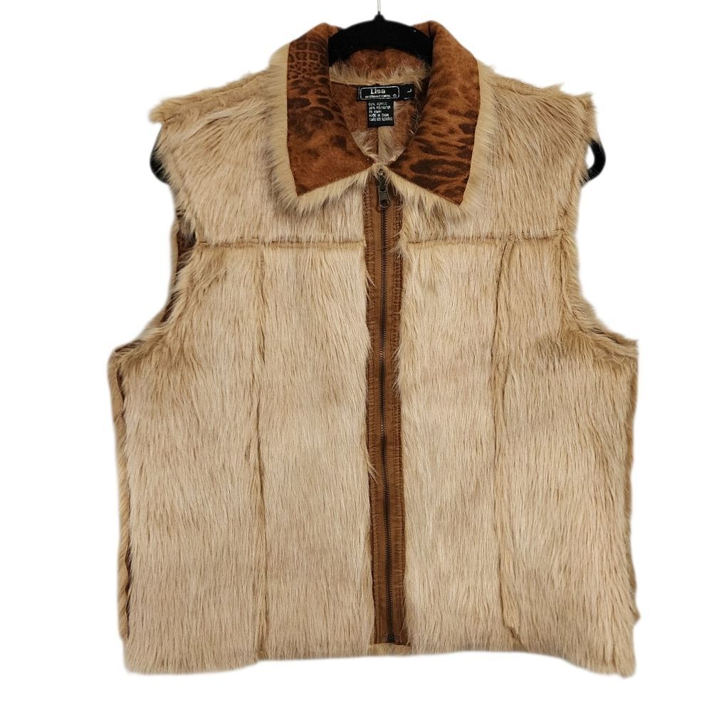 Vintage Lisa International Vest L Tan Vegan Fur Cowgirl Glam Boho Mob Wife